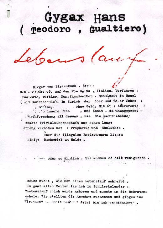 Original Lebenslauf von Hans Gygax